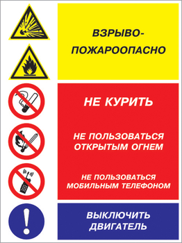 Кз 15 взрыво-пожароопасно - не курить, не пользоваться открытым огнем, не пользоваться мобильным телефоном, выключить двигатель. (пленка, 300х400 мм) - Знаки безопасности - Комбинированные знаки безопасности - Магазин охраны труда ohranatruda-shop.ru